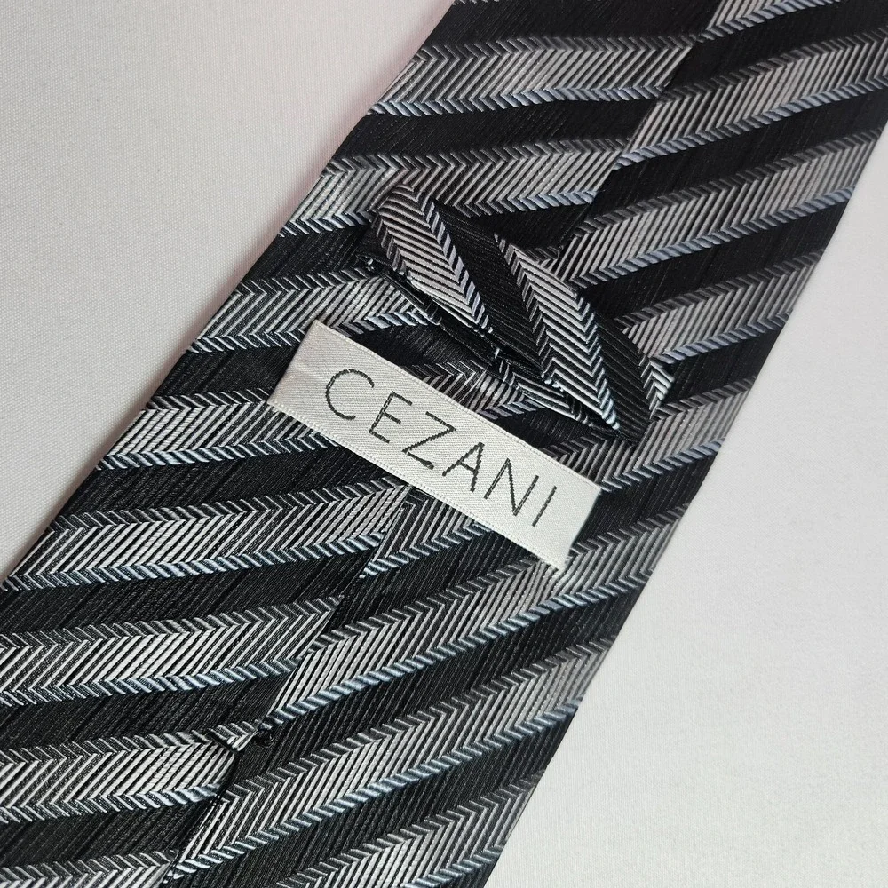 Cezani 100% Silk Hand Made Tie Black‎ Gray Stripes 4
